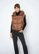 Person wearing a brown puffer vest on a white background