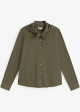 An olive green long-sleeve blouse with a draped, tie-neck collar and a button-down front, displayed flat against a light gray background.