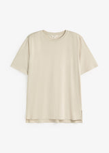 A light beige short-sleeve crewneck t-shirt displayed flat against a clean, off-white background.