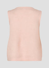 A sleeveless knit sweater vest in a soft blush pink color, shown from the back against a solid light gray background.