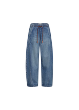 Light blue denim cropped pants with an elastic waistband and a brown drawstring, shown against a plain white background.