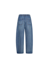Back view of a pair of wide-leg blue denim jeans with an elastic waistband, featuring two back pockets and a small embroidered 'M' on the right pocket.