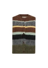 A folded knit cardigan sweater with horizontal stripes in brown, gray, pale yellow, mint green, black, and olive green, featuring four dark buttons on a white background.