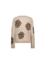 A beige knit sweater with large brown and black floral motifs, shown from the back on a plain white background.