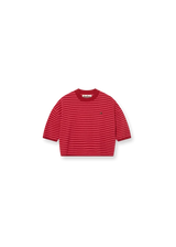 A red and dark red horizontally striped short-sleeve crop top with a small embroidered polo player logo on the left chest, displayed flat against a white background.