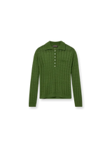 An olive green cable-knit long-sleeve polo shirt with a buttoned placket and a chest pocket, displayed flat against a white background.