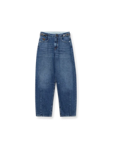 A pair of medium-wash blue denim jeans with a relaxed, straight-leg fit, shown flat against a plain white background.