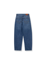 Back view of a pair of blue denim jeans with a straight-leg fit, featuring classic five-pocket styling and a brown leather patch on the waistband, shown against a plain white background.