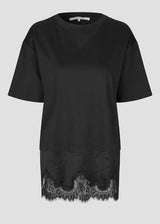 A black short-sleeve top with a crew neck and a sheer black lace hem, shown against a plain white background.