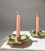 Green Checked Scalloped Candle Holders Rosie Gore