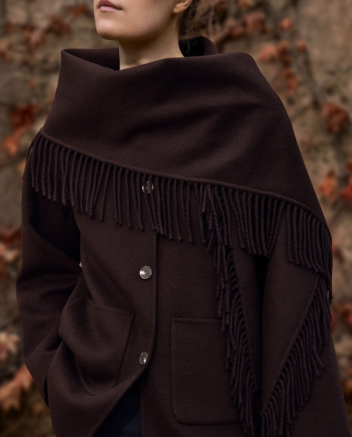 Handmade Coat with Removable Fringe Scarf | Chocolate | Yerse Coat Yerse