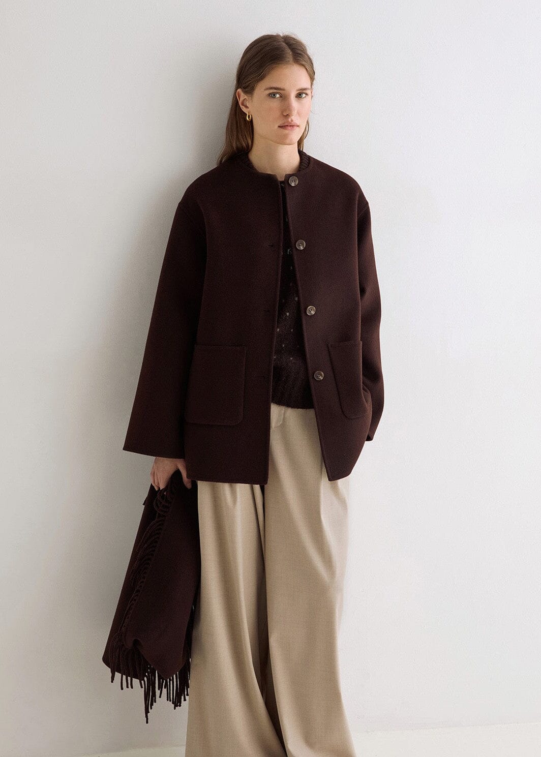 Handmade Coat with Removable Fringe Scarf | Chocolate | Yerse Coat Yerse