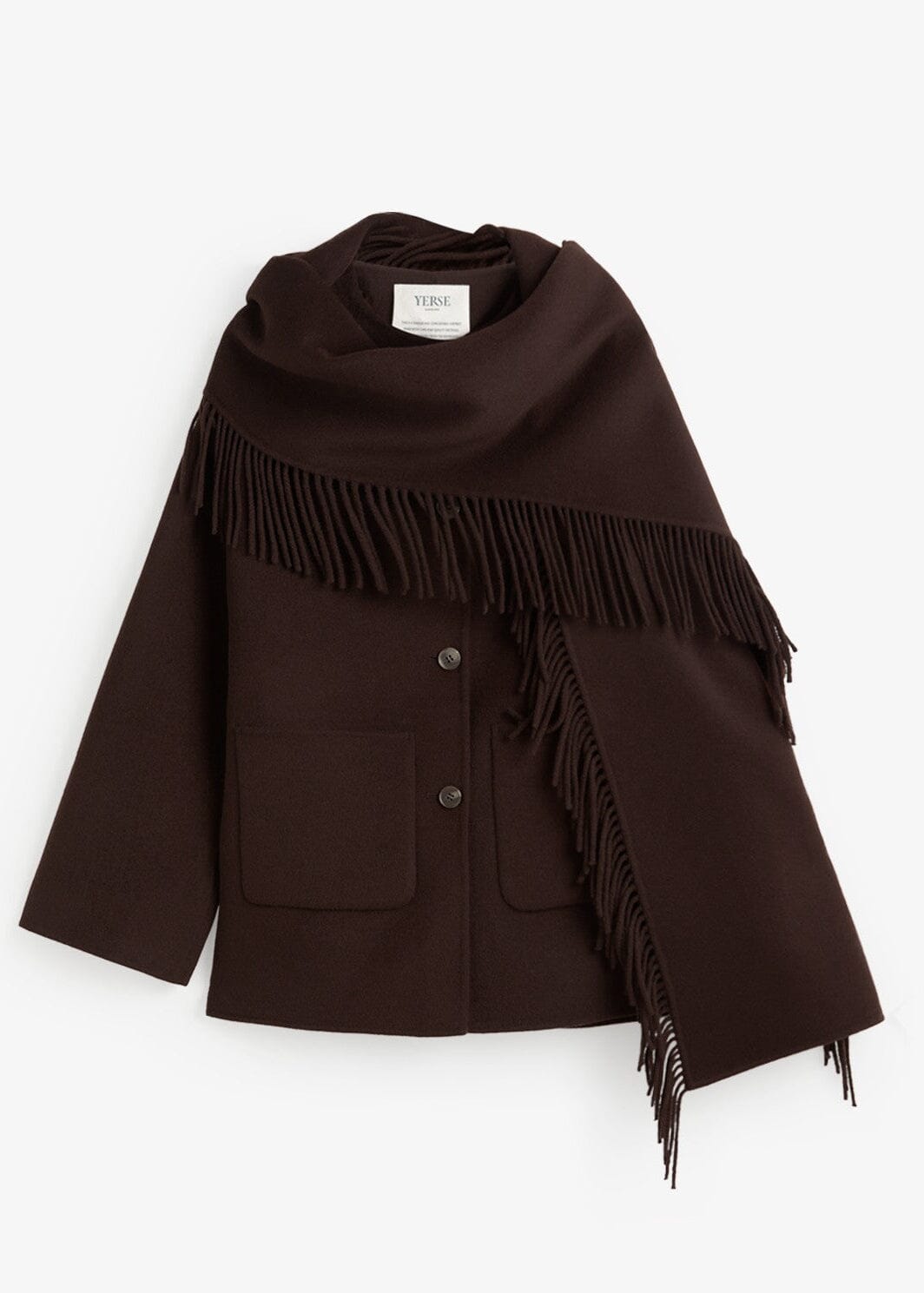 Handmade Coat with Removable Fringe Scarf | Chocolate | Yerse Coat Yerse