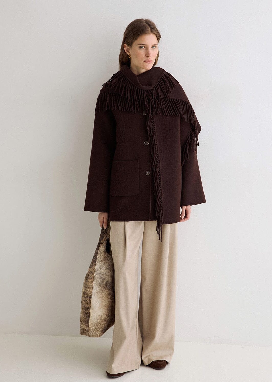 Handmade Coat with Removable Fringe Scarf | Chocolate | Yerse Coat Yerse