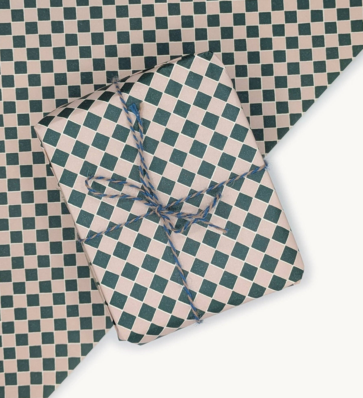 Quarry Tile Checkerboard Gift Wrap, Model Makers Paper. Blush Pink/Very Dark Green Hadley