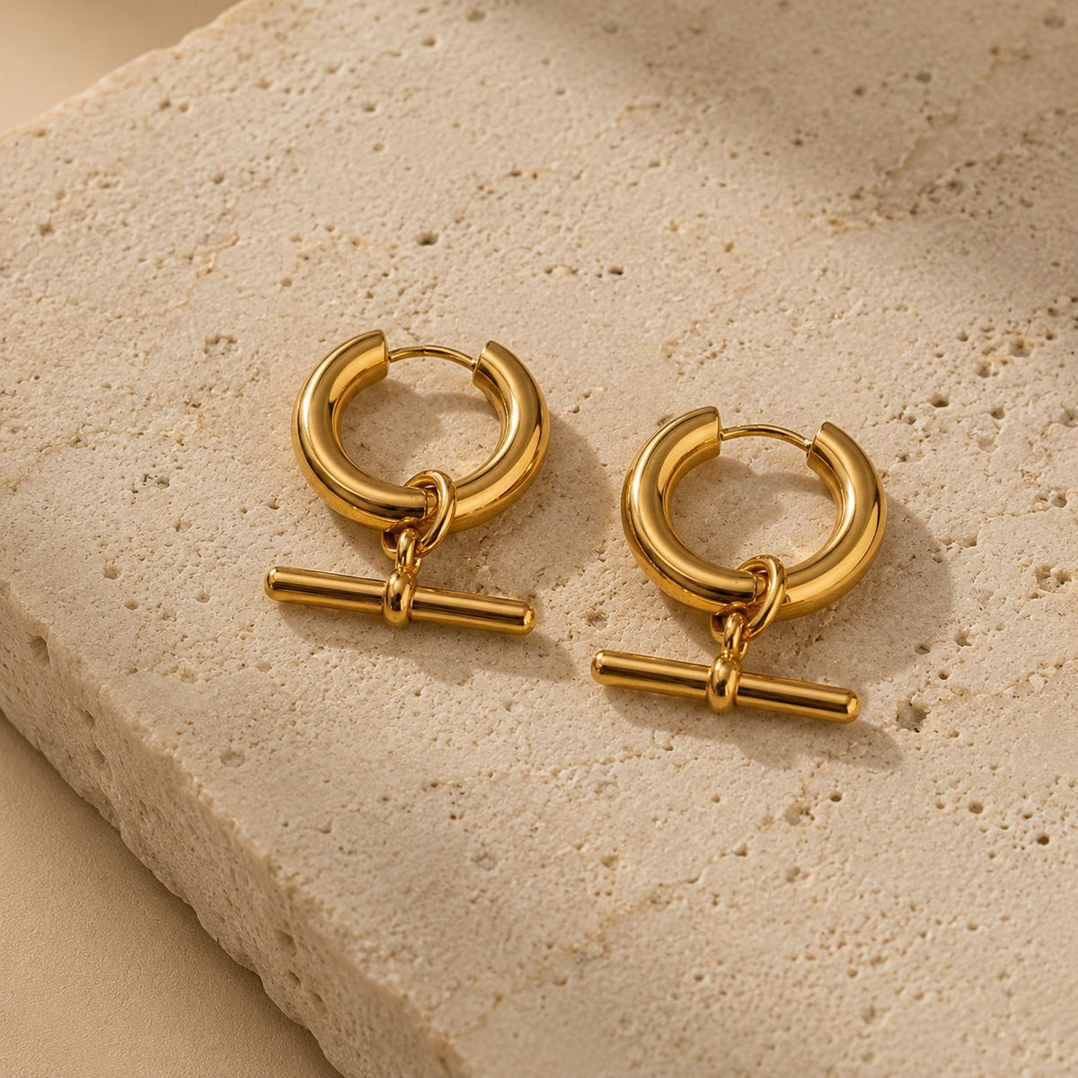 T Bar Chubby Hoop Earrings 18k Gold Plated Waterproof Gold Lunar