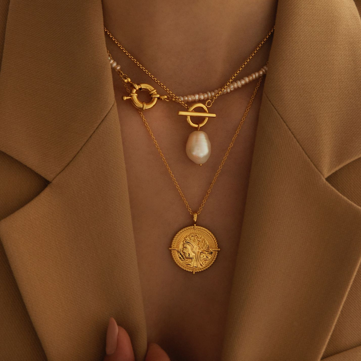 T Bar & Pearl Drop Necklace 18k Gold Plated Waterproof Gold Lunar