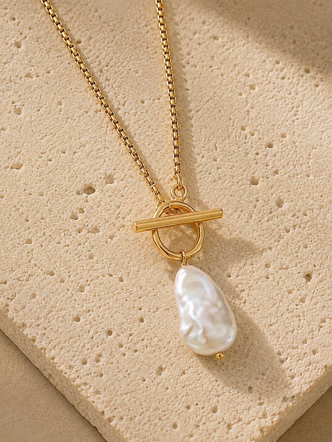 T Bar & Pearl Drop Necklace 18k Gold Plated Waterproof Gold Lunar