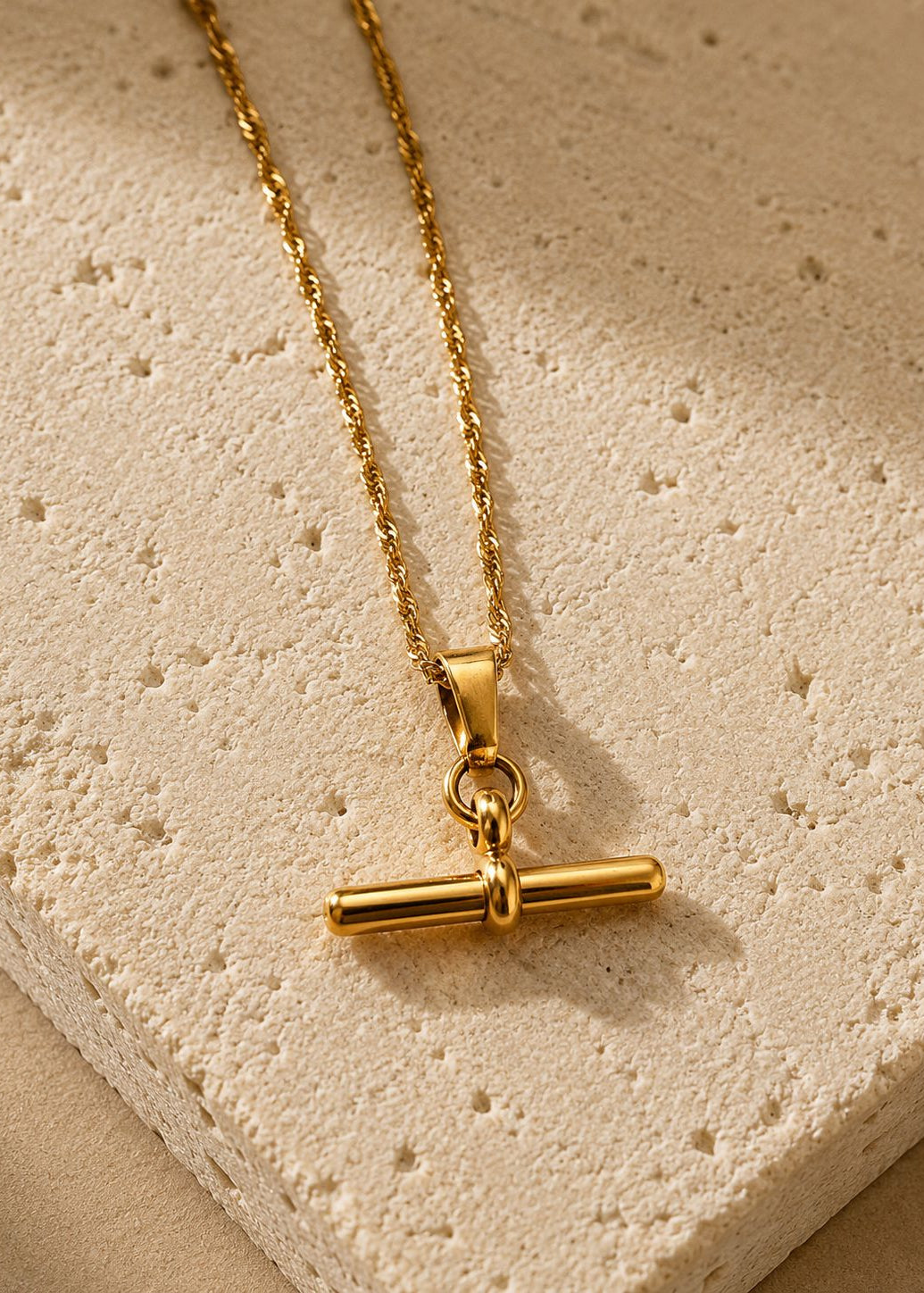 T Bar Pendant Necklace Rope Twist Chain 18k Gold Waterproof Gold Lunar