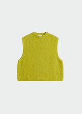 A sleeveless knit sweater vest in a bright chartreuse yellow-green color, displayed flat against a light gray background.