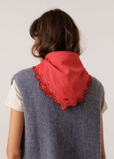 A person shown from behind wearing a bright red bandana-style neck scarf with scalloped edges over a gray knit sweater vest and a white short-sleeve shirt, against a plain light background.