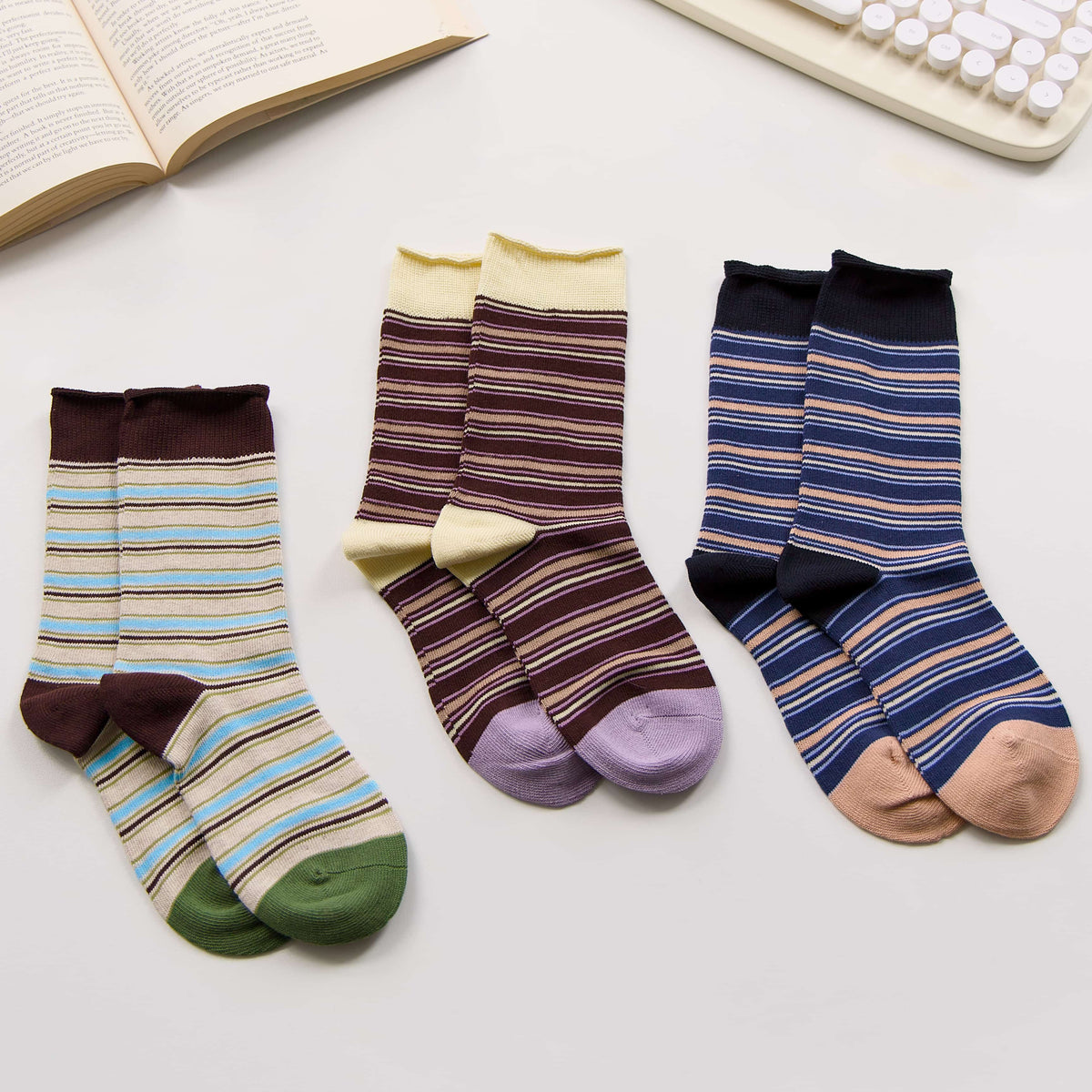 Women’s Vintage Striped Cotton Crew Socks – Autumn Style Happy Knits