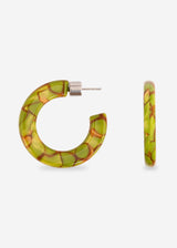 A pair of chunky, open-ended hoop earrings made of marbled resin in shades of olive green, yellow, and terracotta orange, shown on a light gray background with one earring viewed from the front and the other from the side.