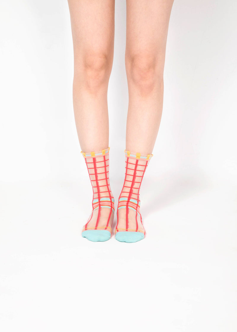 Grids with Polka Dots Sheer Socks - watermelon pink PAPERSELF