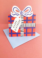 Birthday Bow Shaped Greeting Card - Red Blue Check Kitty Kenda Papergoods