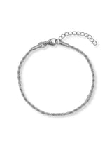 A silver-toned twisted rope chain bracelet with a lobster clasp and an adjustable extension chain, shown on a plain white background.