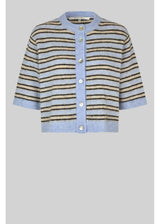 Striped cardigan with blue and beige pattern on a gray background