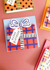 Birthday Bow Shaped Greeting Card - Red Blue Check Kitty Kenda Papergoods