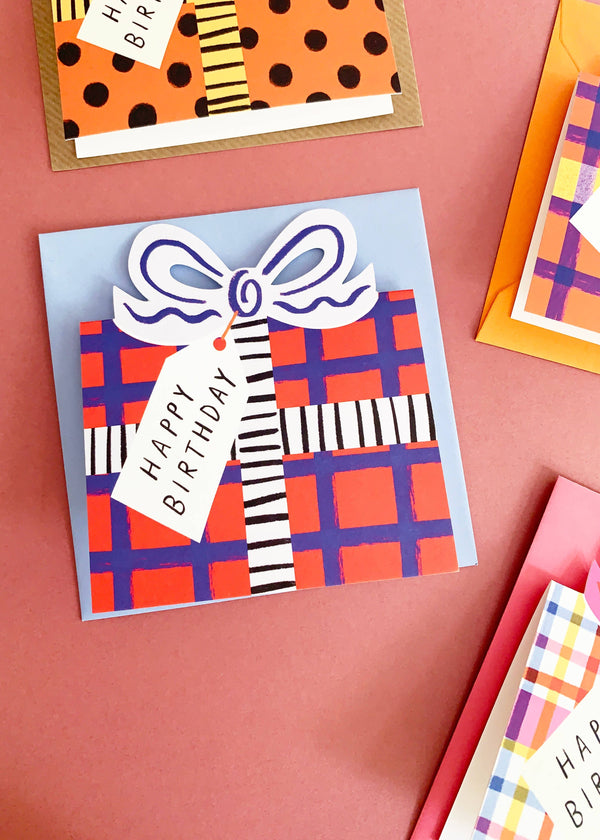 Birthday Bow Shaped Greeting Card - Red Blue Check Kitty Kenda Papergoods