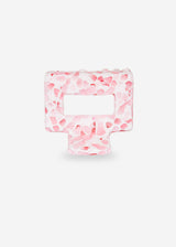 Pink and white camouflage-patterned inflatable pool float on a light gray background
