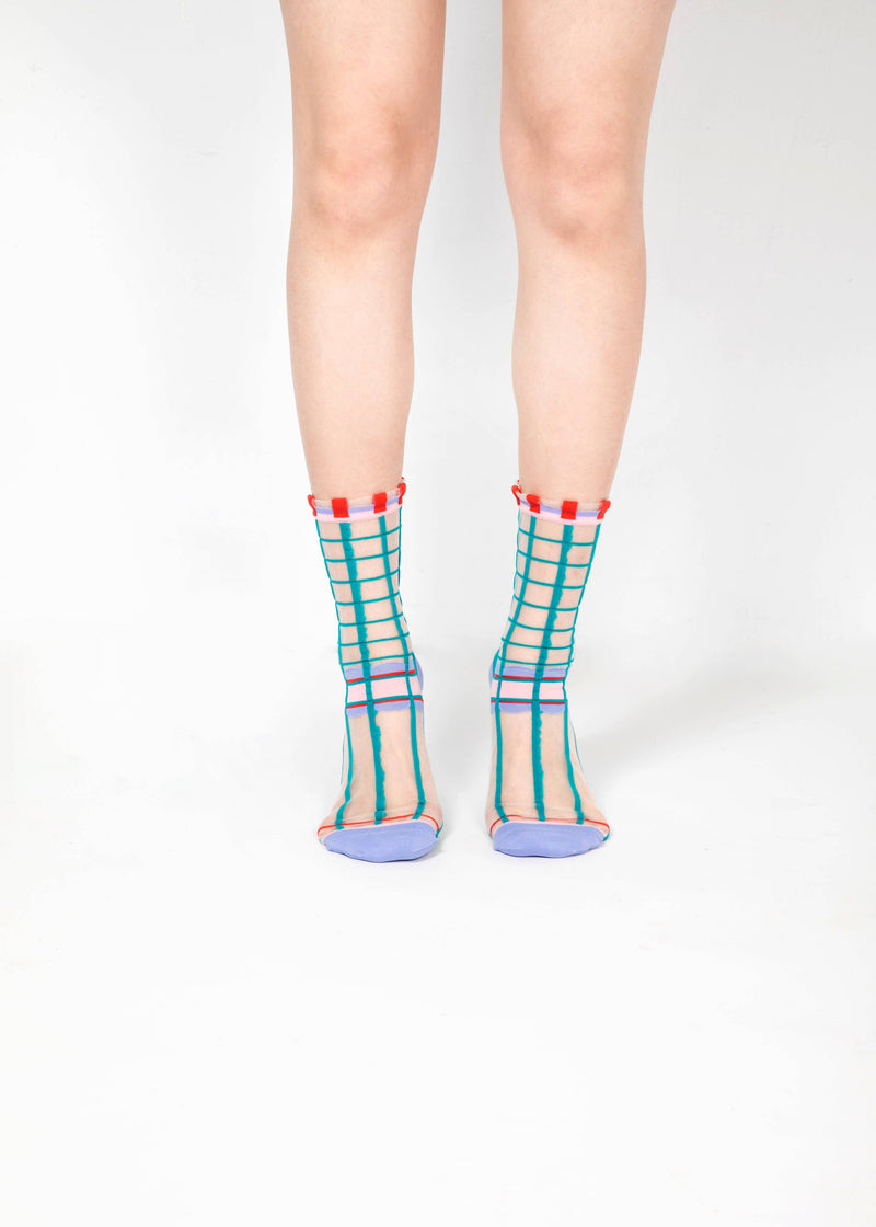 Grids with Polka Dots Sheer Socks - Teal green PAPERSELF