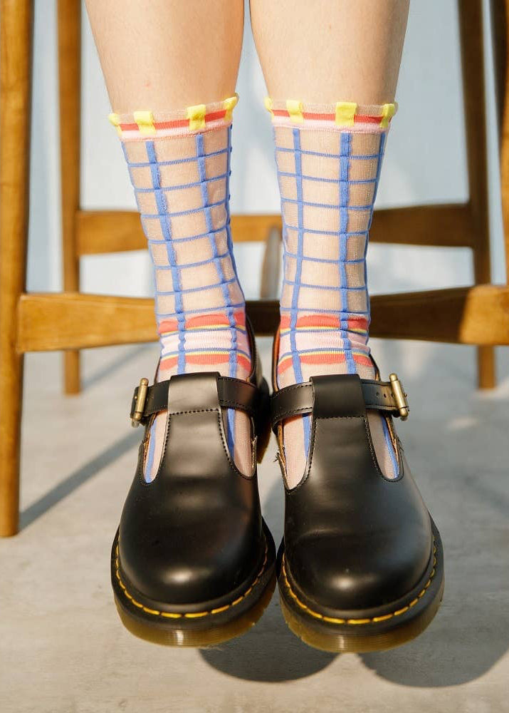Grids with Polka Dots Sheer Socks - Blue PAPERSELF