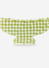 Green and white checkered bowl on a light gray background