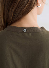 Close-up back view of a person wearing an olive green top, showing the collar with a single light-colored button and part of the hair and earring.
