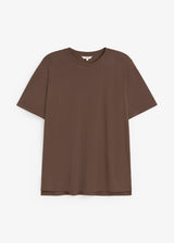 A plain brown short-sleeve crewneck t-shirt laid flat against a clean white background.