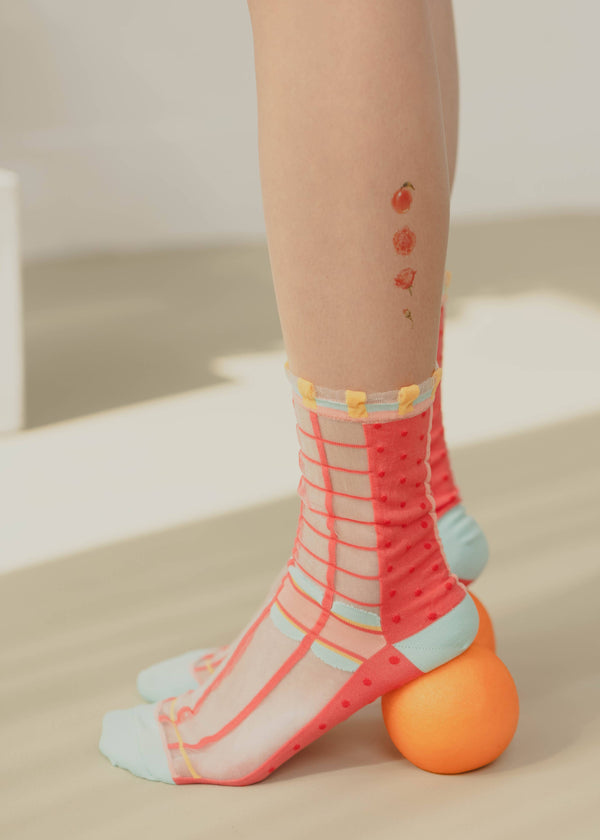 Grids with Polka Dots Sheer Socks - watermelon pink PAPERSELF