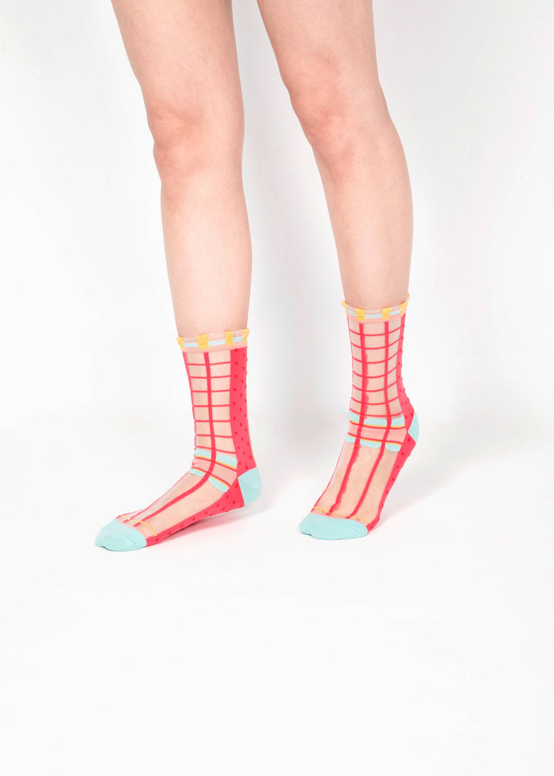 Grids with Polka Dots Sheer Socks - watermelon pink PAPERSELF