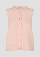 A sleeveless light pink knit cardigan vest with a round neckline and a front button closure, shown against a solid light gray background.