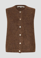 A brown fuzzy knit sleeveless button-front vest with a round neckline, displayed flat against a light gray background.