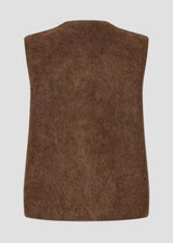 A brown sleeveless fuzzy vest or shrug shown from the back, photographed against a plain light gray background.