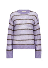 A lavender purple knit sweater with horizontal brown stripes, displayed on a clean white background.