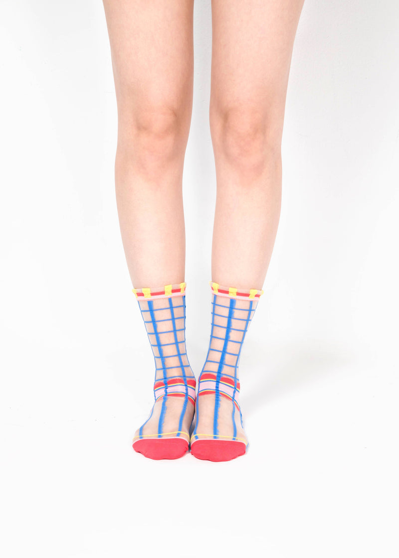 Grids with Polka Dots Sheer Socks - Blue PAPERSELF