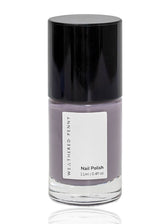 A bottle of Weathered Penny nail polish in a muted dusty lavender shade, featuring a black cap and a white label, set against a plain white background with a subtle reflection.