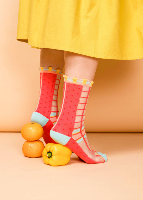 Grids with Polka Dots Sheer Socks - watermelon pink PAPERSELF