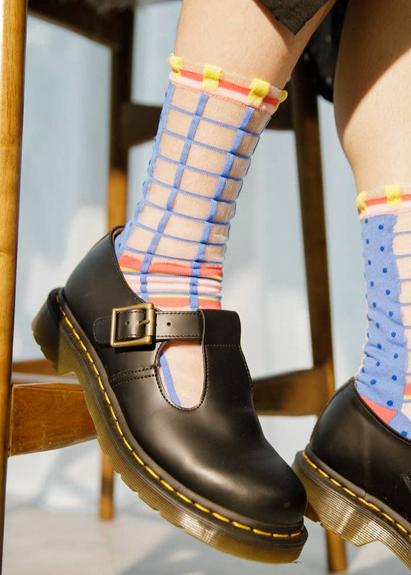 Grids with Polka Dots Sheer Socks - Blue PAPERSELF