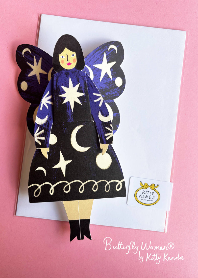 Butterfly Woman Sitting Greeting Card - Cosmic Kitty Kenda Papergoods